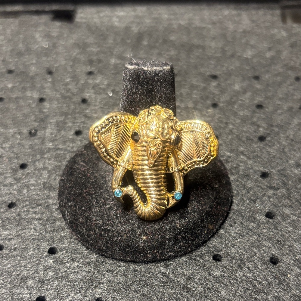 Gold plated brass base Elephant Ring with Blue & black Accents